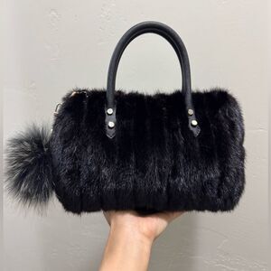 Black Real Mink Fur Handmade Boston Bag/Crossbody, with Free Fox Fur Ball Charm